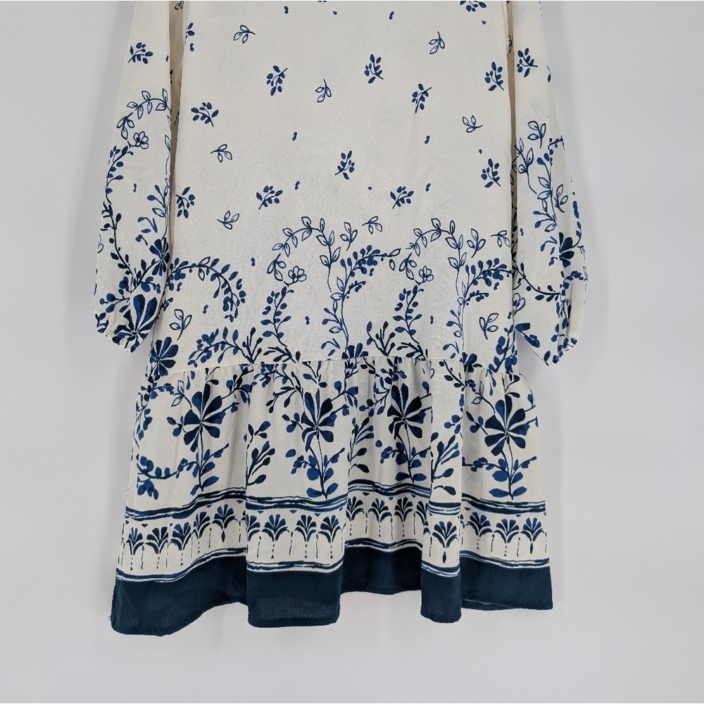 Rachel Zoe Blue White Floral Tie Neck Long Sleeve Tiered Mini Dress Small - Picture 11 of 11